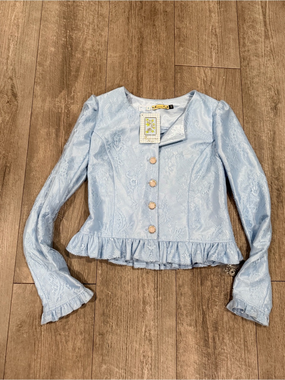 Light Blue Lace Ruffle Hem Button Jacket - Picture 2 of 12